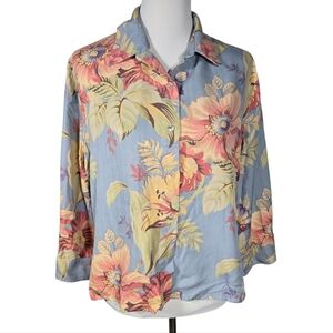 david brooks Size 14 Vintage Silk Blue Floral Button-Down Shirt